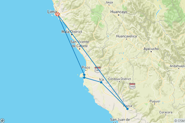 Map of 3 days -Lima – Paracas – Nazca