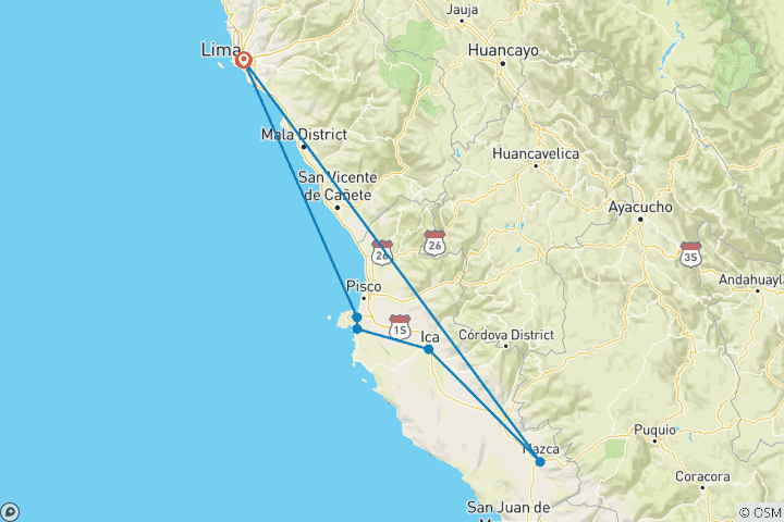 Map of 3 days -Lima – Paracas – Nazca