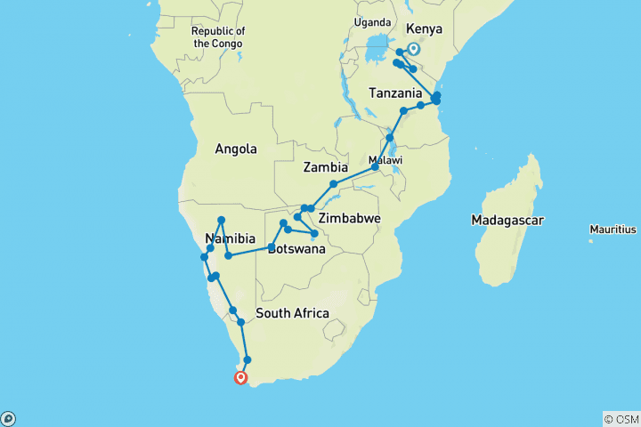 Map of 43-day Kenya to Cape Town (Camping)