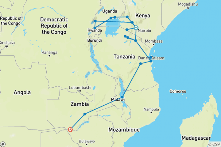 Map of 39-day Gorillas to Victoria Falls (Camping)