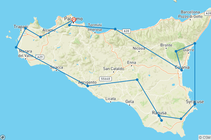 Carte du circuit Secrets de Sicile - Circuit en Sicile de 10 jours au départ de Palerme