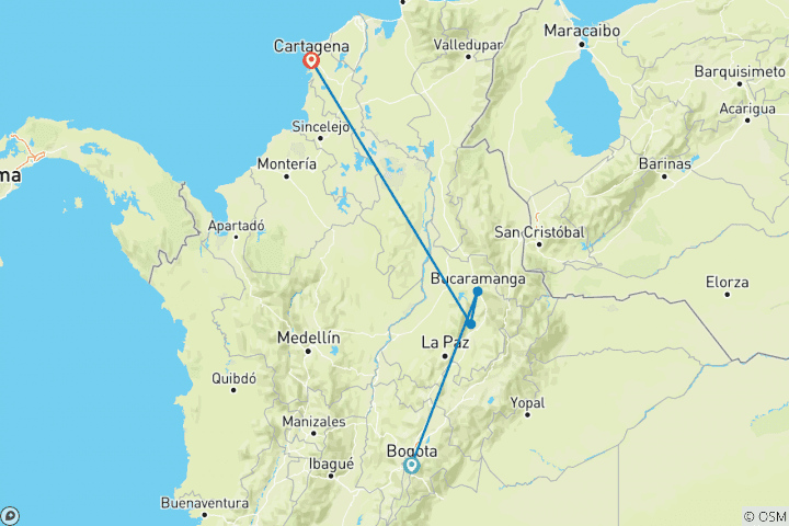 Carte du circuit PRIVÉ 13 jours - Les hauts lieux de la Colombie version Vip : Bogota, Corocora, Barichara et Cartagena de Indias