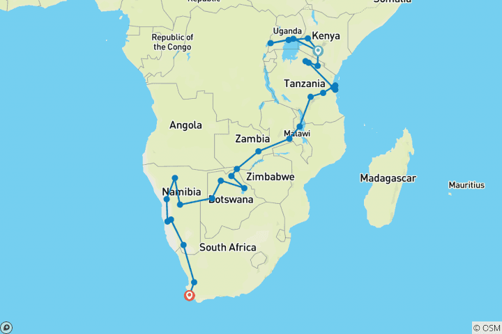 Map of 58-day Gorillas to Cape Town (Camping)