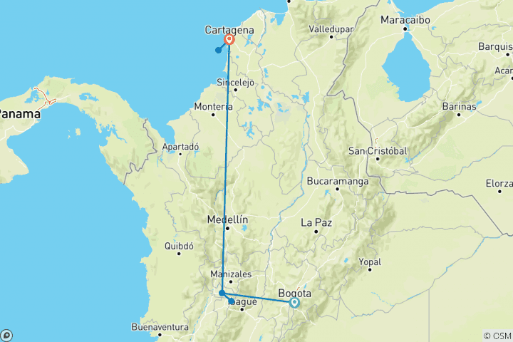 Carte du circuit PRIVÉ 10 jours de visites classiques en Colombie et dans la région du café