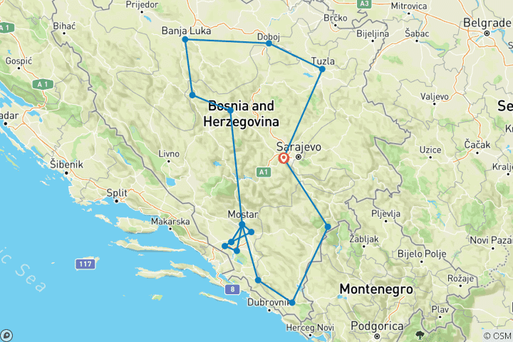 Karte von Ganzjährige 15 Tage Bosnien-Erkundungstour ab Sarajevo, die nicht touristisch ist. Das mittelalterliche Land Bosnien: historische Sehenswürdigkeiten, erstaunliche Natur, köstliche Küche.