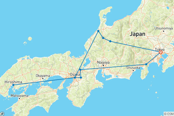 Carte du circuit 11 jours - Circuit au Japon en mini-groupe avec max. 6 personnes et hôtels 3 et 4 étoiles