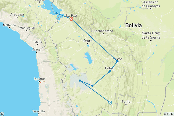 Carte du circuit Bolivie - Villazón, Uyuni, Potosí, Sucre, La Paz et Copacabana - 8 jours