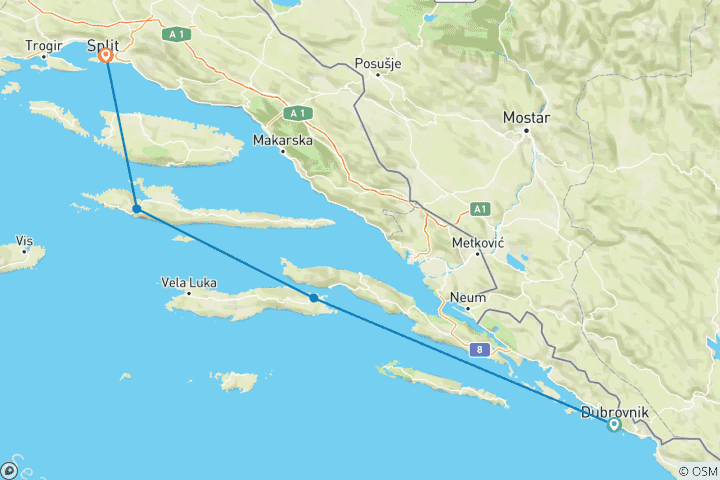 Carte du circuit Croisière aller simple de 5 jours de Dubrovnik à Split - Bateau Premier, 18-35 ans