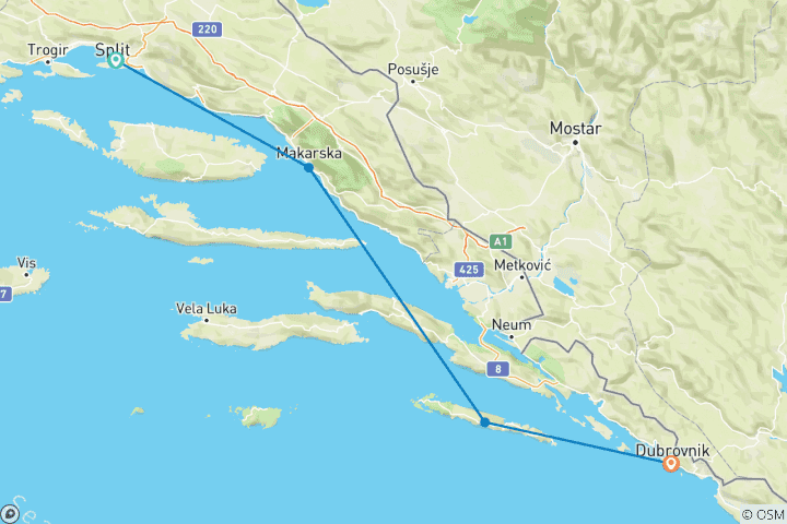 Kaart van 4-daagse Split naar Dubrovnik enkele reis - Superieure boot, Gemengde-leeftijdsgroep