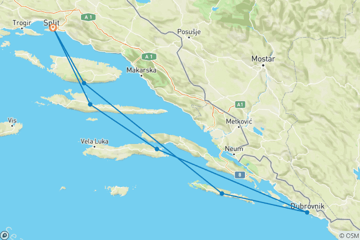 Map of 8-day Split Return cruise - Premier Plus boat, 30-49s