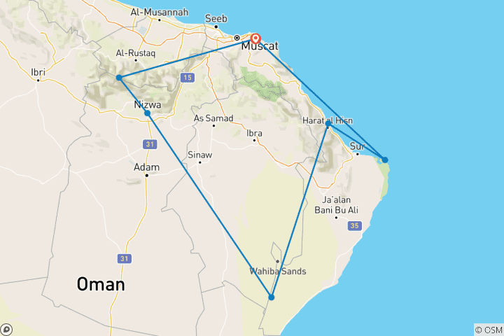 Map of The Treasures of Oman - Muscat, Ras Al Had, Wahiba & Nizwa