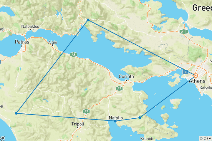 Mapa de Atenas, Epidauro, Micenas, Olimpia y Delfos, circuito de 7 días por la Grecia clásica