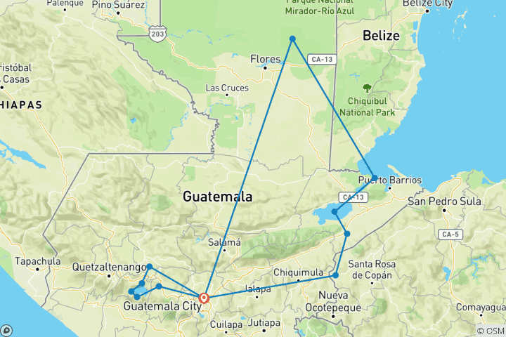 Mapa de Guatemala: Meseta de Copán río Dulce - 10 días