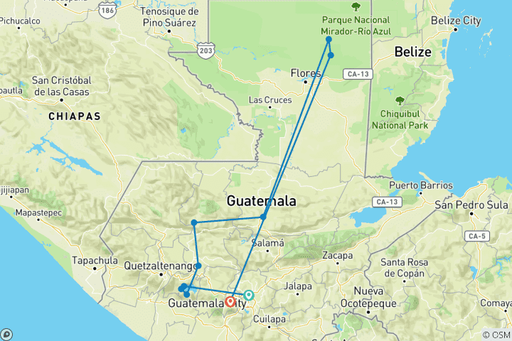 Map of Guatemala: Guatemala City, Santiago, Atitlan, Chichicastenango, Nebaj, Coban, Tikal & Antigua - 14 days