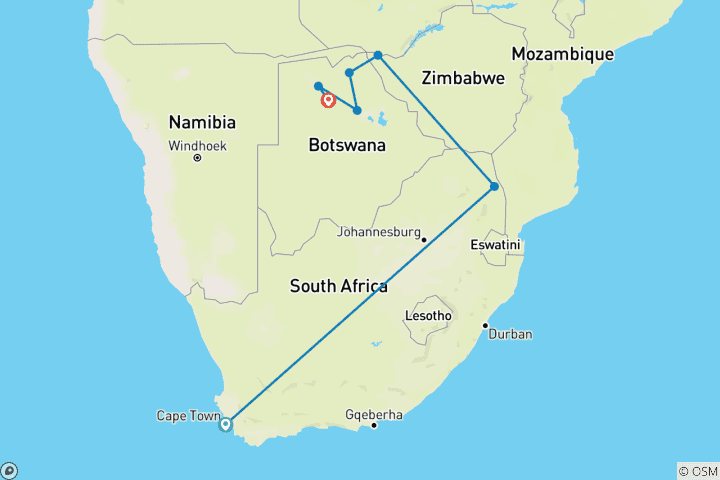 Map of Cape to Delta Safari (15 Days, Air Price Cape Town To Johannesburg)