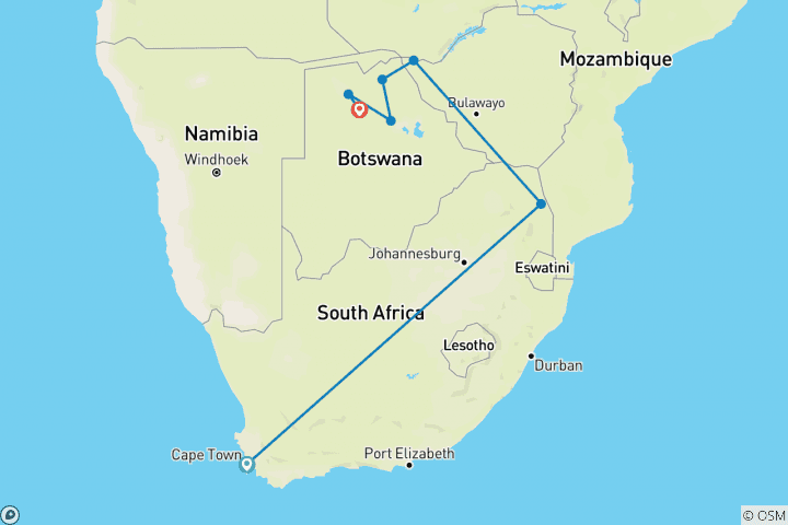 Map of Cape to Delta Safari (15 Days)