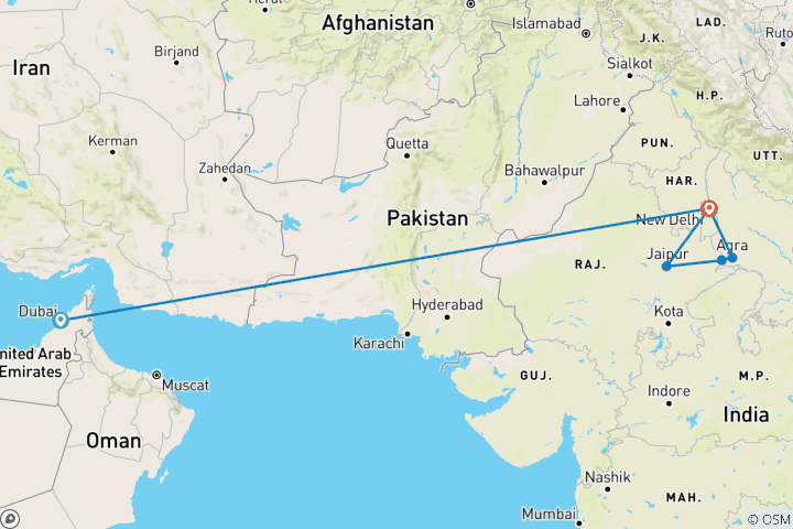 Carte du circuit Triangle d'or de l'Inde avec Dubaï