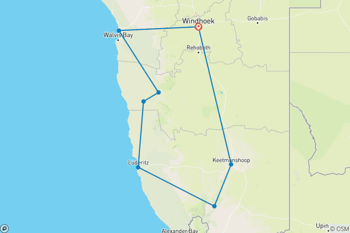 Map of 7 Day Southern Namibia & Sossusvlei Camping Safari