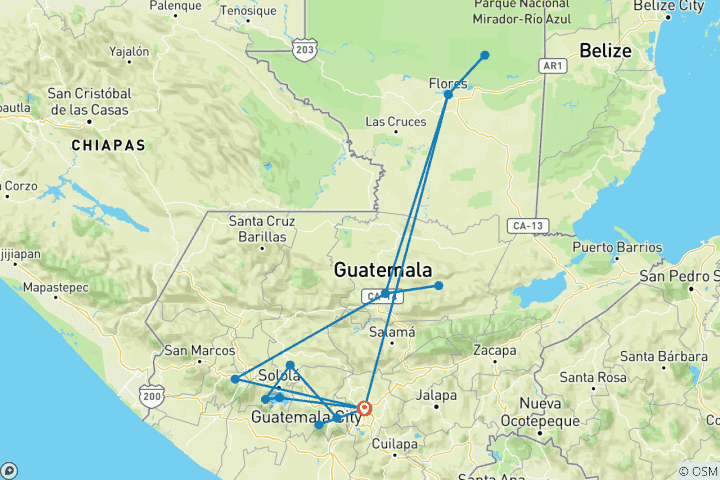Kaart van Guatemala: Antigua, Acatenango Vulkaan, Chichicastenango, Atitlán Meer, Tikal, Candelaria Grotten, Semuc Champey en Quetzal Biotoop - 11 dagen