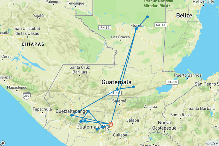 Map of Guatemala: Antigua, Acatenango Volcano, Chichicastenango, Lake Atitlán, Tikal, Candelaria Caves, Semuc Champey and Quetzal Biotope - 11 days