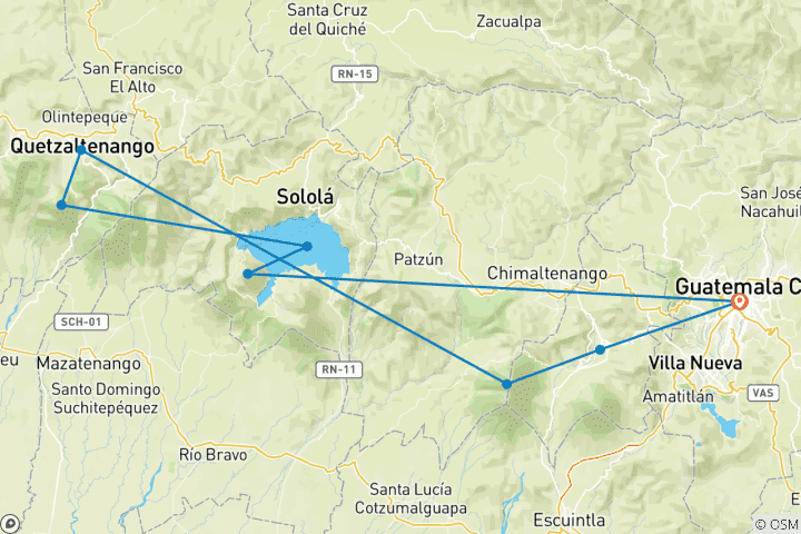 Kaart van Majestueuze vulkanen van Guatemala - 9 dagen