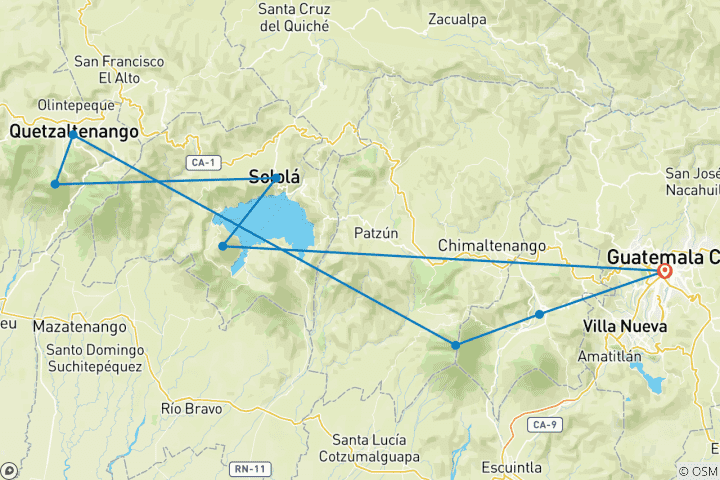 Kaart van Majestueuze vulkanen van Guatemala - 9 dagen