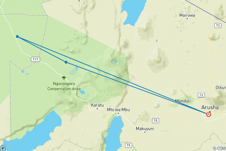 Mapa de Safari de 7 días por el cráter del Ngorongoro y el Serengeti desde Arusha.