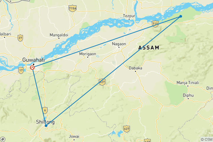 Carte du circuit Circuit du Triangle d'Or du Nord- Est avec le parc national de Kaziranga