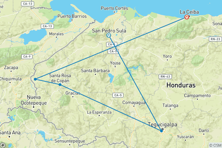 Carte du circuit Honduras : Expédition maya éco- coloniale - 10 jours