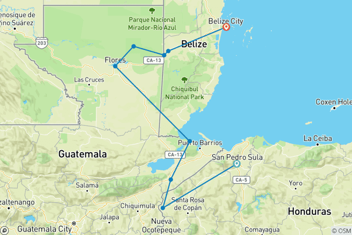 Mapa de Circuito maya: Honduras - Guatemala - Belice, visitando 3 Sitios patrimonio de la humanidad - 8 días