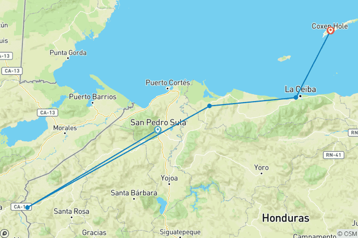 Map of Honduras: San Pedro Sula, Copan Ruins, Tela, La Ceiba, Roatán - 9 days