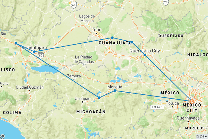 Kaart van Koloniaal erfgoed van Mexico – México-Stad, Guadalajara, Guanajuato & San Miguel de Allende – 10 dagen