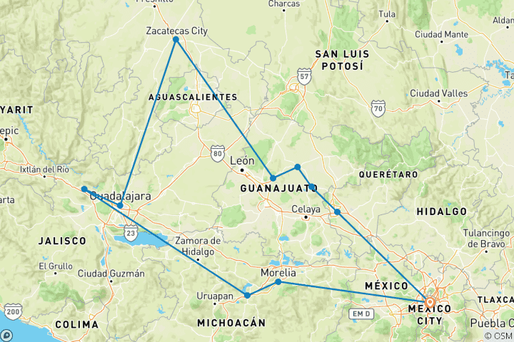 Carte du circuit Trésors coloniaux du Mexique - 10 jours