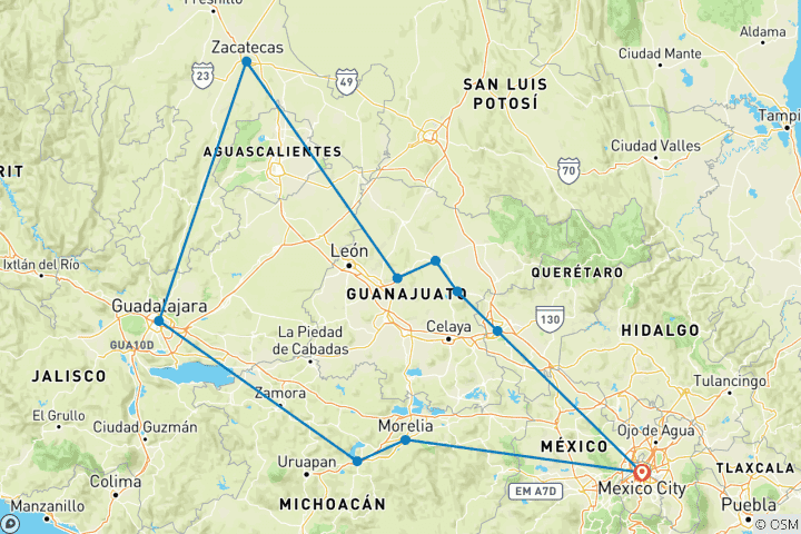 Map of Mexico: Quarry and Silver Cities - 11 days