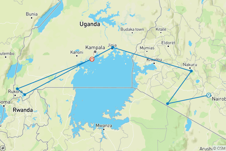 Map of 13-Day Uganda Gorillas & Masai Mara Overland Safari