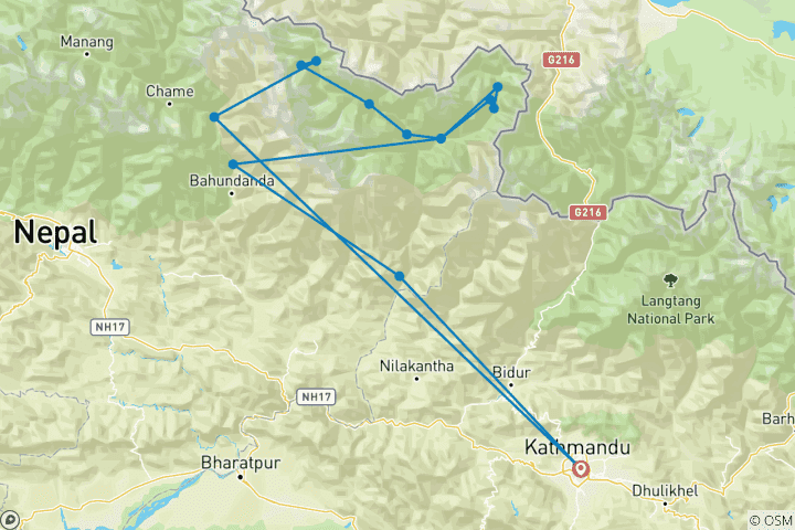 Carte du circuit Trek de la vallée de Tsum et du Manaslu - 21 jours