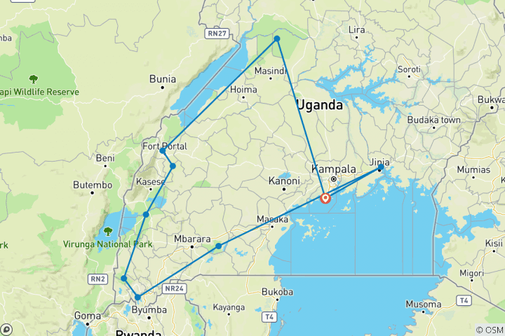 Map of 14 Days Gorilla, Chimpanzee and Source of Nile