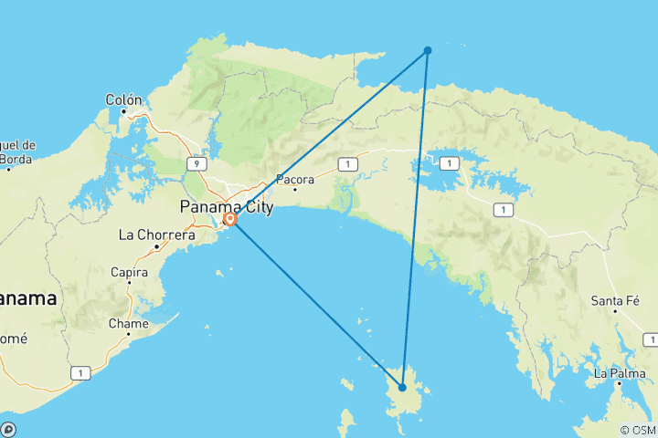 Map of Panama Circuit: Panama City, Pearl and San Blas islands- 7 days