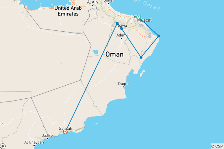 Map of CLASSICAL SULTANATE OF OMAN - Group Tour of Muscat, Ras Al Had, Wahiba, Nizwa, Jebel Shams & Salalah