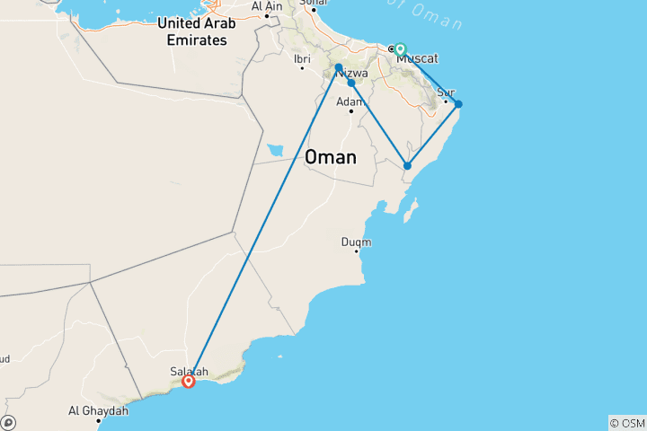 Map of CLASSICAL SULTANATE OF OMAN - Group Tour of Muscat, Ras Al Had, Wahiba, Nizwa, Jebel Shams & Salalah