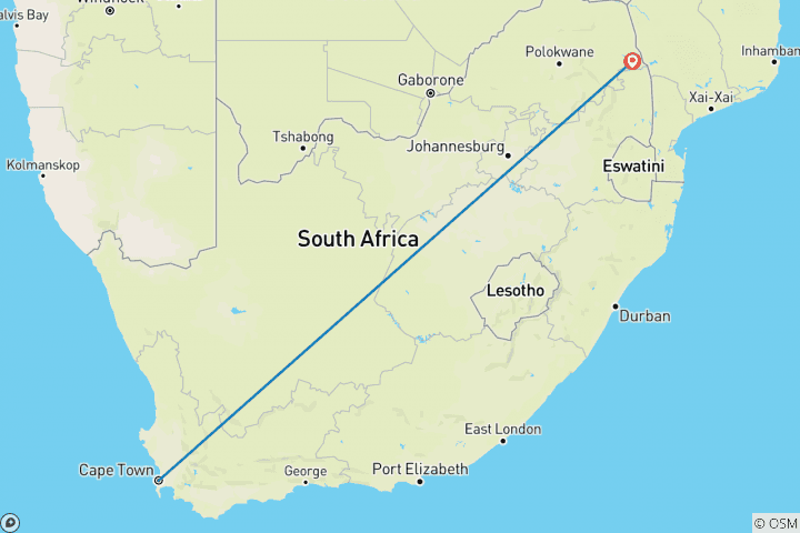 Carte du circuit 7 jours : La ville du Cap et le safari au parc Kruger.