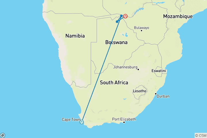 Carte du circuit 10 jours : Le Cap et le safari en Afrique du Sud.