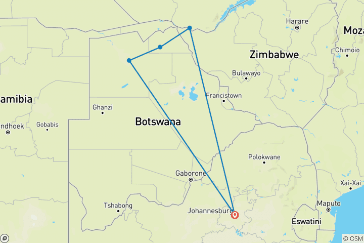 Map of 10-Days: Victoria Falls, Chobe and Okavango Delta Safari Tour from South Africa.