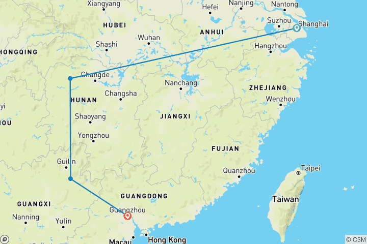 Map of Southern China Explore 12D to GZ: Shanghai to Zhangjiajie, Yangshuo and Guangzhou
