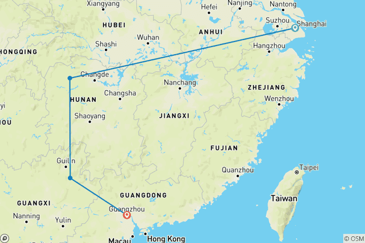 Carte du circuit Exploration du sud de la Chine 12J : de Shanghai à Zhangjiajie, Yangshuo et Guangzhou