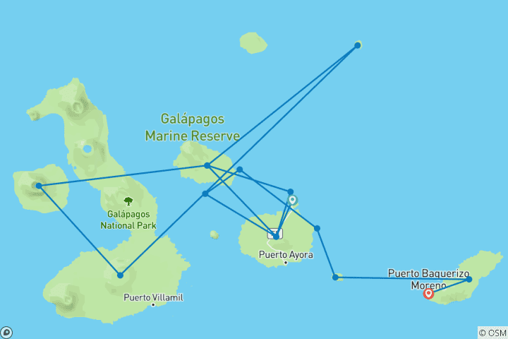 Kaart van Galapagos Cruise - Ontdek de centrale, noordelijke, westelijke en oostelijke eilanden in 12 dagen aan boord van de Monserrat