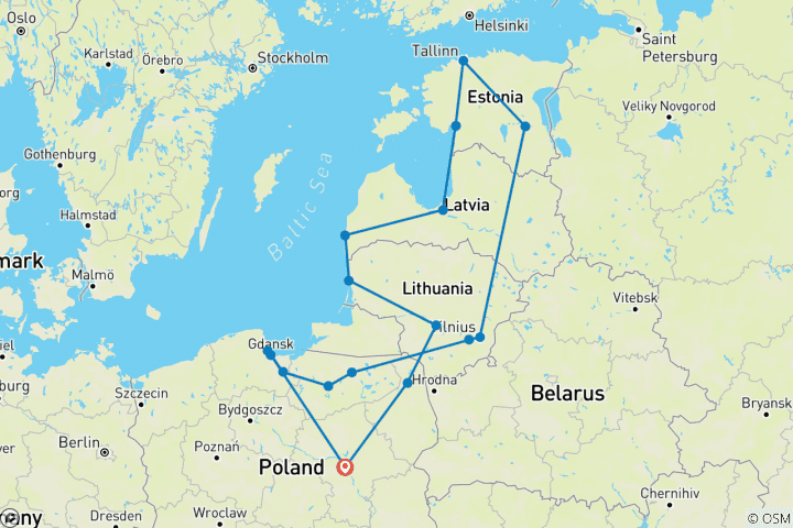 Map of Poland and The Baltics off-season: UNESCO sites, Teutonic Knights castles and other beautiful destinations together with non-touristy historical places on a 21-days tour from Warsaw