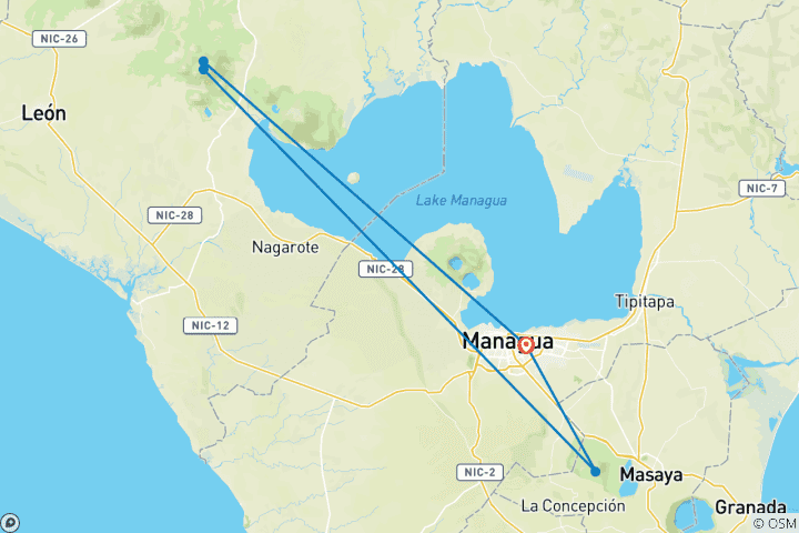 Map of Nicaragua: Managua, Cerro Negro Volcano, El Hoyo Volcano & Masaya Volcano National Park - 6 days