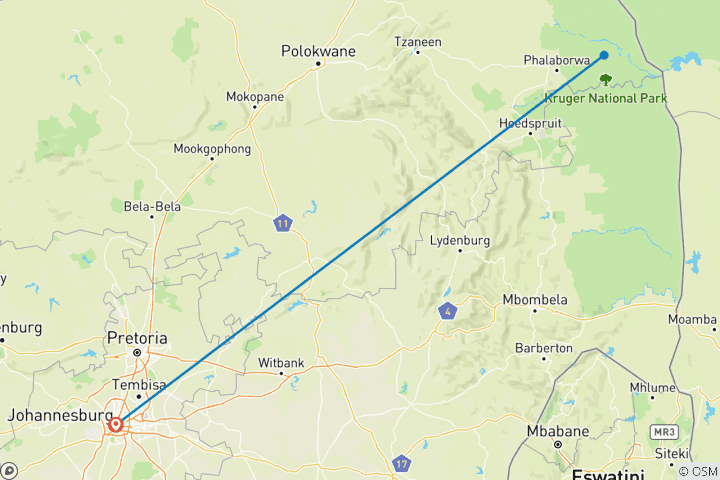 Map of 3 Days Kruger National Park Guided Safari Tour & Panorama Route.