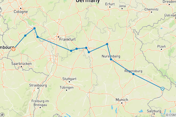 Karte von Deutsche Flusslandschaften von Passau nach Trier (Passau - Trier)